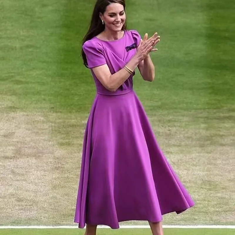 Kate Middleton Purple Princess Dress Elegant O-Neck Shore Sleeve A-Line Pleated Dresses With Bow 7302