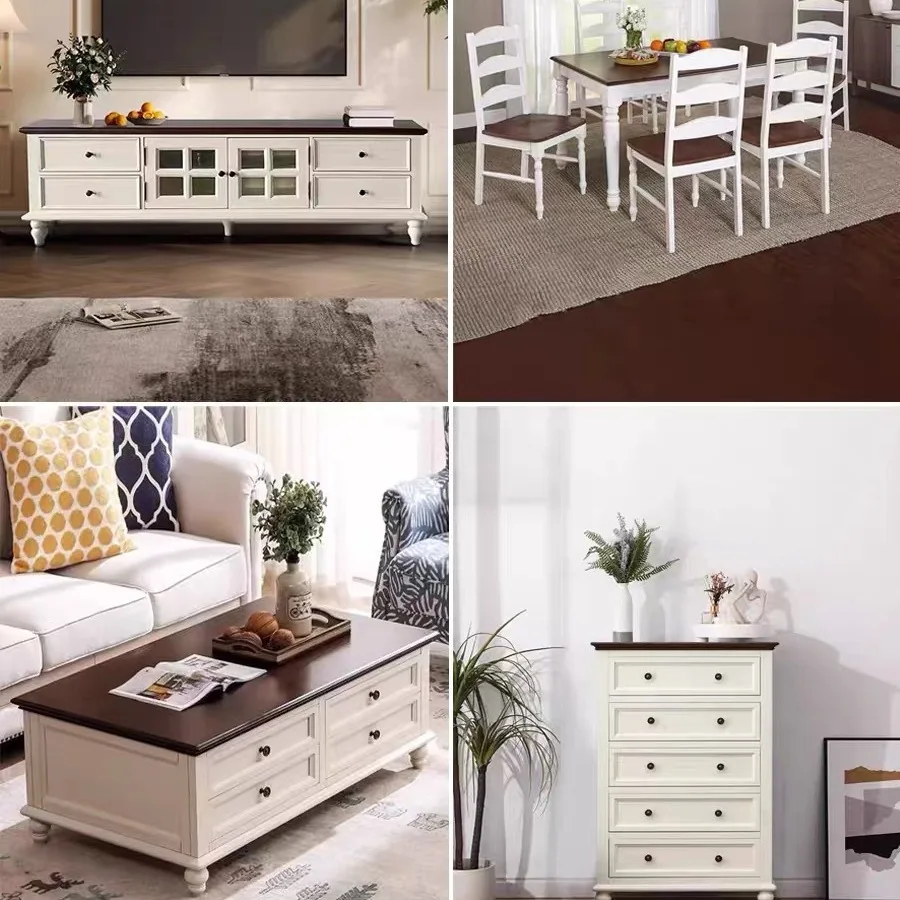 Mobile TV rurale americano in legno massello retrò bianco avorio soggiorno semplice mobile TV