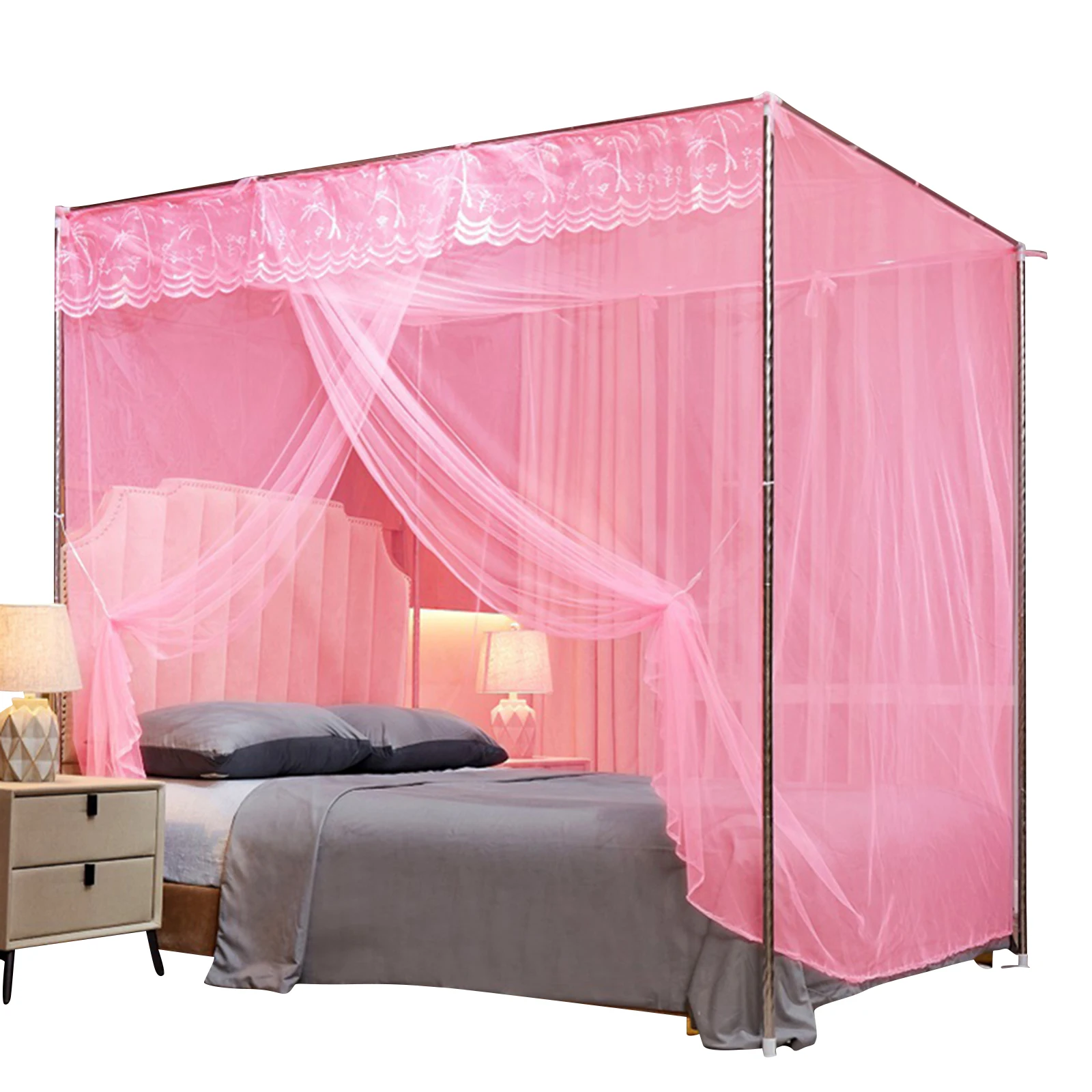 4 Corner Post Lace Trim Princess Bed Canopy 2024 Summer Fine Mesh Lace Square Mosquito Net Student Dormitory Room Decor 1.8mhigh