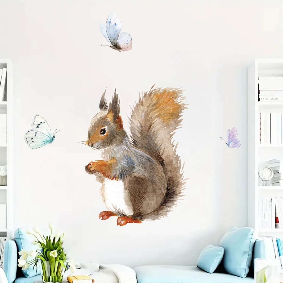 Watercolor Fidelity Squirrel Butterflies Wall Stickers for Kids Room Wall Decals Living Room Decor Bedroom Decoration Home