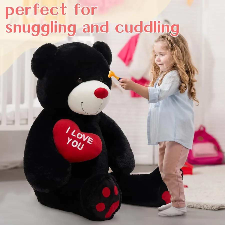 Urso de pelúcia gigante de 4,3 pés, animal de pelúcia grande, brinquedo de pelúcia preto para eu te amo, presente de dia dos namorados para casamento namorada