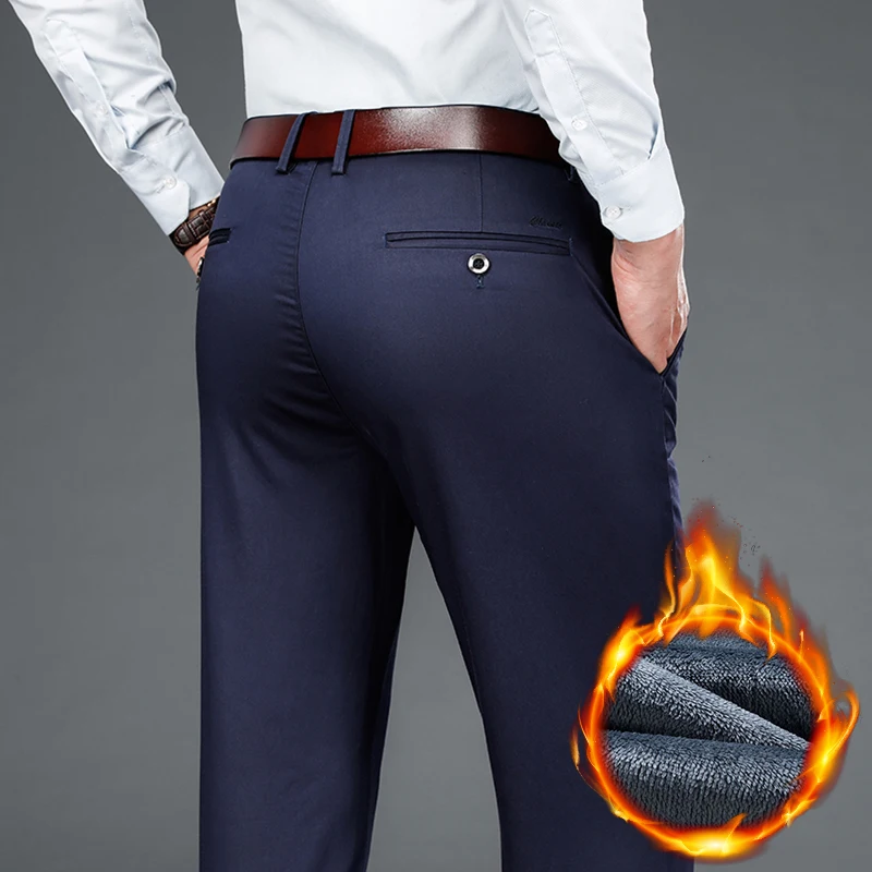 

Men's Winter Fleece Warm Business Cozy Pants Fashion Brand Velvet Straight Trousers Thick Plush Classic Versatile Male Pants