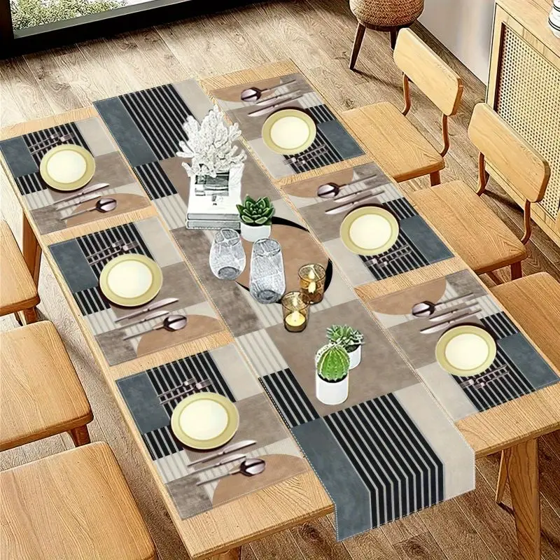 Retro Earth Color Geometric Table Runner Placemats Set Waterproof Non Slip Kitchen Dining Table Mat