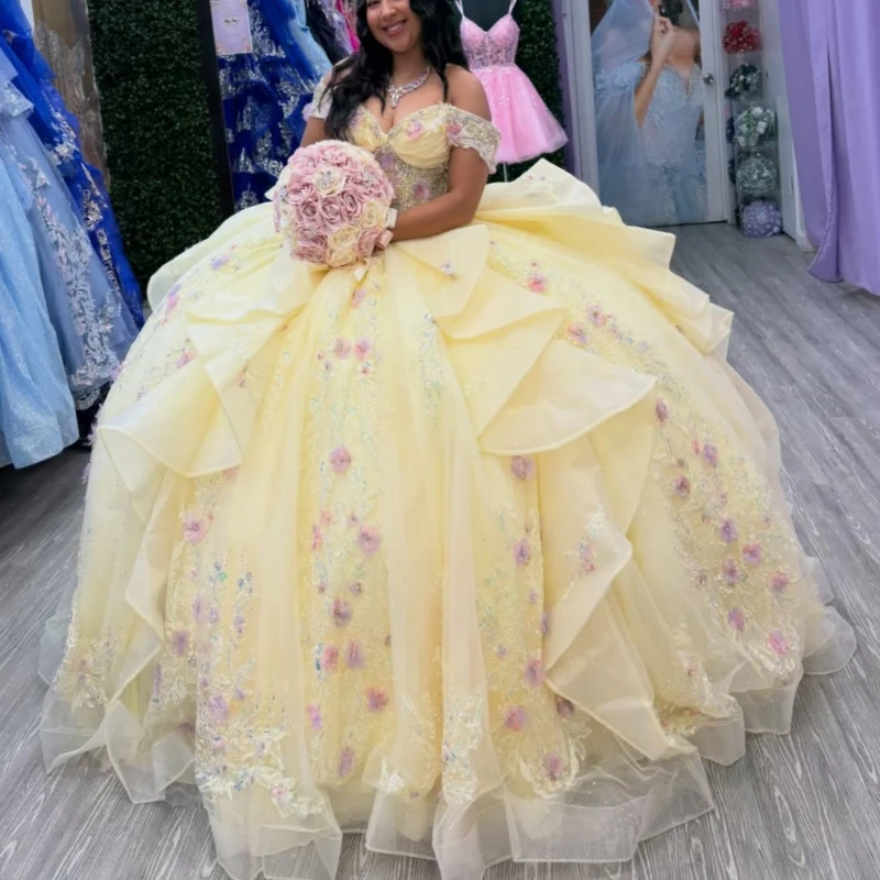 Yellow Glitter Quinceanera Dresses Off Shoulder Ball Gown Sweet 16 Dress Sequin Applique Flower Beads Bow Tull Party Birthday