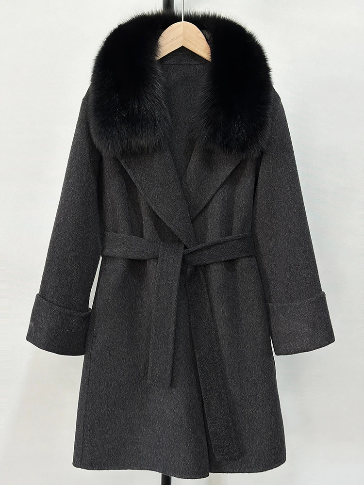 

New Women's Woolen Blends Coat Fashion Female Luxury Cashmere Wool Jacket 2025 Autumn Winter Warm Natural Fox Fur Collar