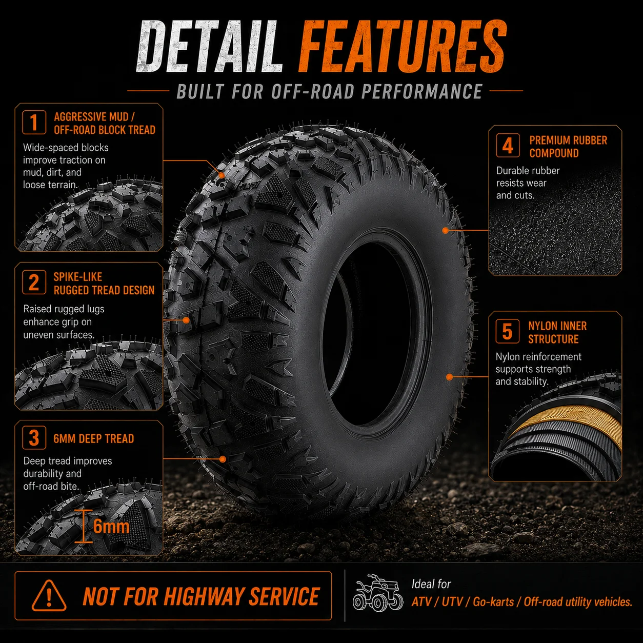 

145/70-6 ATV Tire 4PR Tubeless Set of 2 Thickened All Terrain A Pattern Tire for Go Kart Mini Bike Lawn Mower Golf Cart Utility Vehicle Quad Heavy Duty 10mm Deep Tread Aggressive Traction Agricultural Machine Puncture Resistant Reinforced Structure