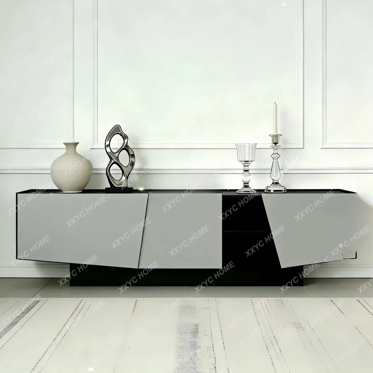 LModern light luxury paint TV cabinet black and white color matching floor locker