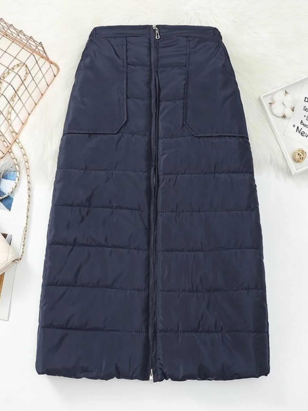 Women's down Cotton  Skirt Windproof Warm Zipper Long One-piece Wrap-around Skirts High Waist Polyester Fiber A-Line Skirt