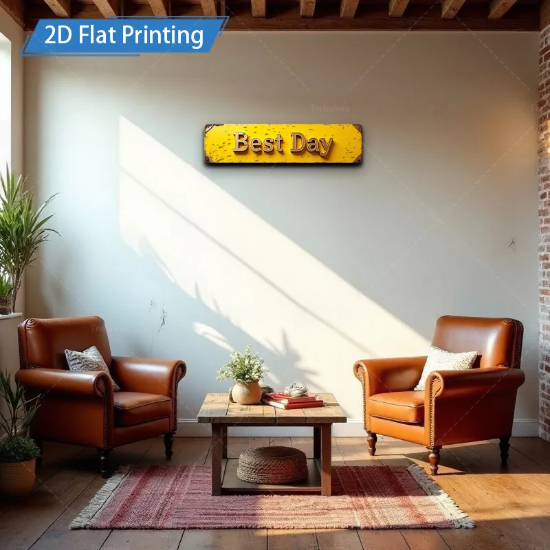 [2D FLAT] قطعة واحدة من اللافتة المعدنية، 4 × 16 بوصة أصفر ريفي "أفضل يوم" لوحة فنية جدارية معدنية لديكور المنزل