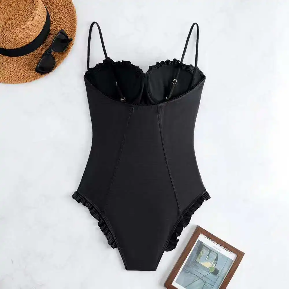 Push Up One Piece Swimsuit Female 2026 Swimwear Women Slim Bathing Suits Summer Beach Wear Frill Monokini Swimming Suit Black view 2