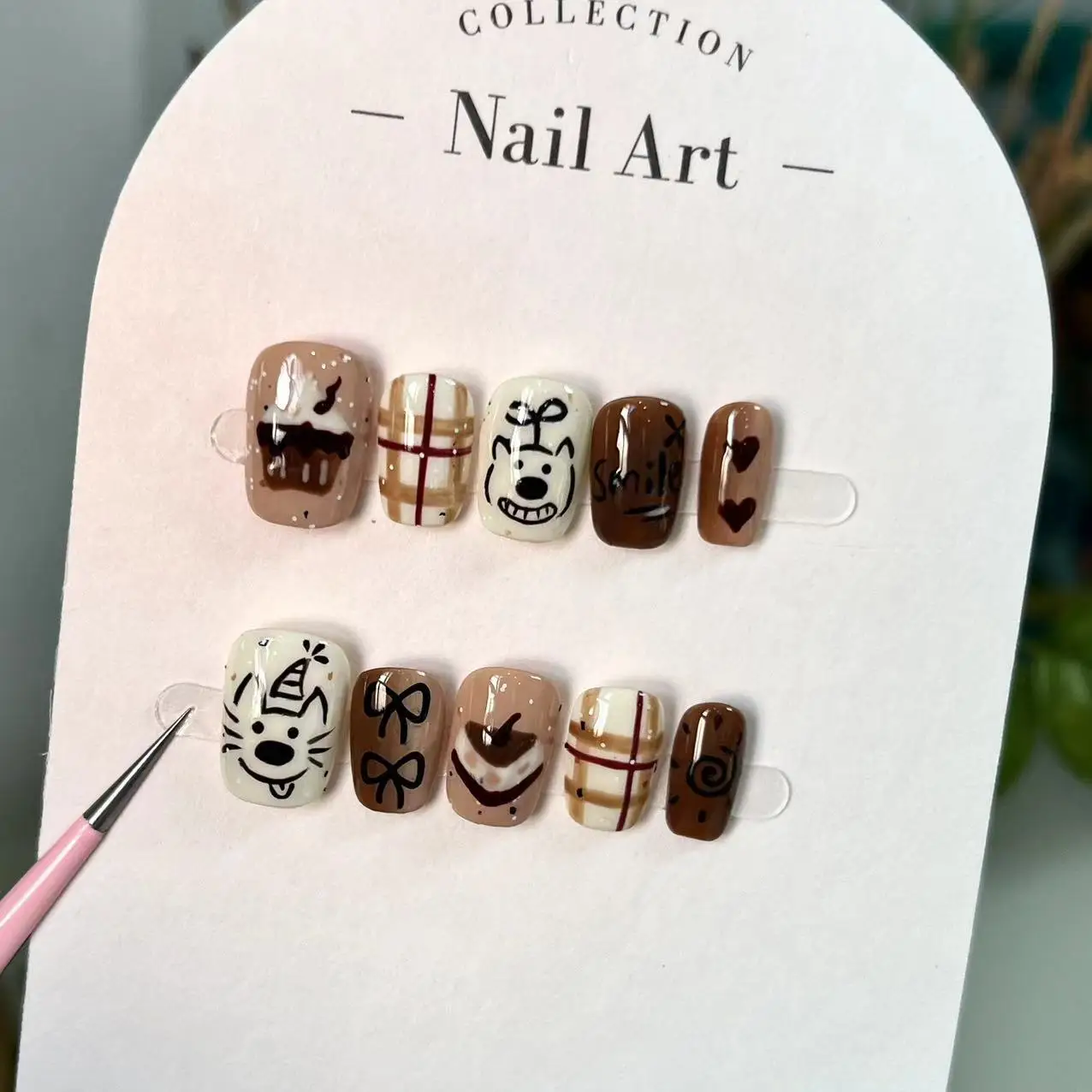 10 Pieces Cartoon Cute Doodle Press On Nails Handmade Happy Puppy Cake Treats Coffee Color Fake Nail Patches Removable