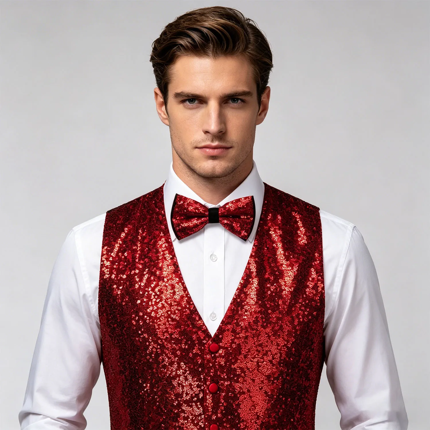 

Men's Sparkly Sequin Dress Vest Set, Slim Fit Formal Waistcoat with Matching Bow Tie, Ideal for Weddings, Costumes Stage Shows