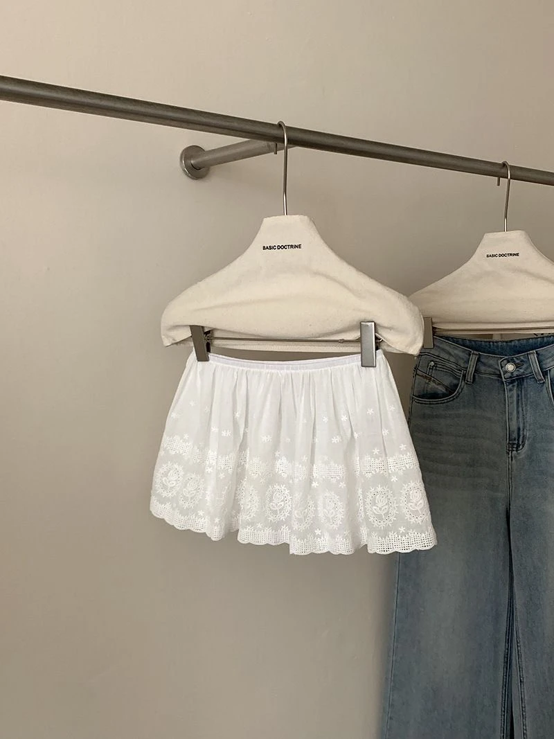 Spring White Embroidered Heavy Lace Short Skirt Slimming A-Line Half-length Anti-luminosity Elastic Waist Curtain Skirt