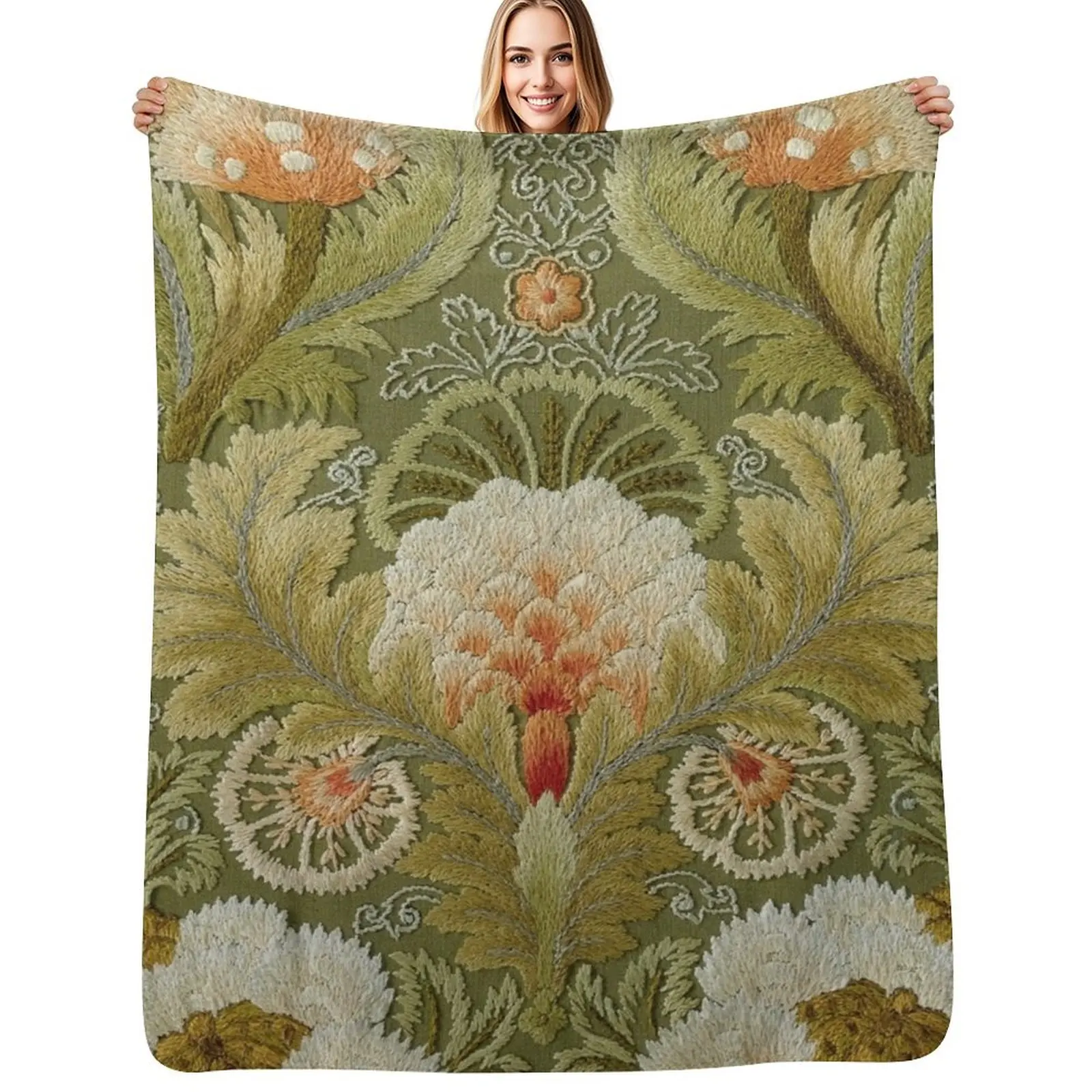 

Silk Embroidery with Flowers and Leaves Throw Blanket Warm Cozy Throw Blanket for Living Room Couch
