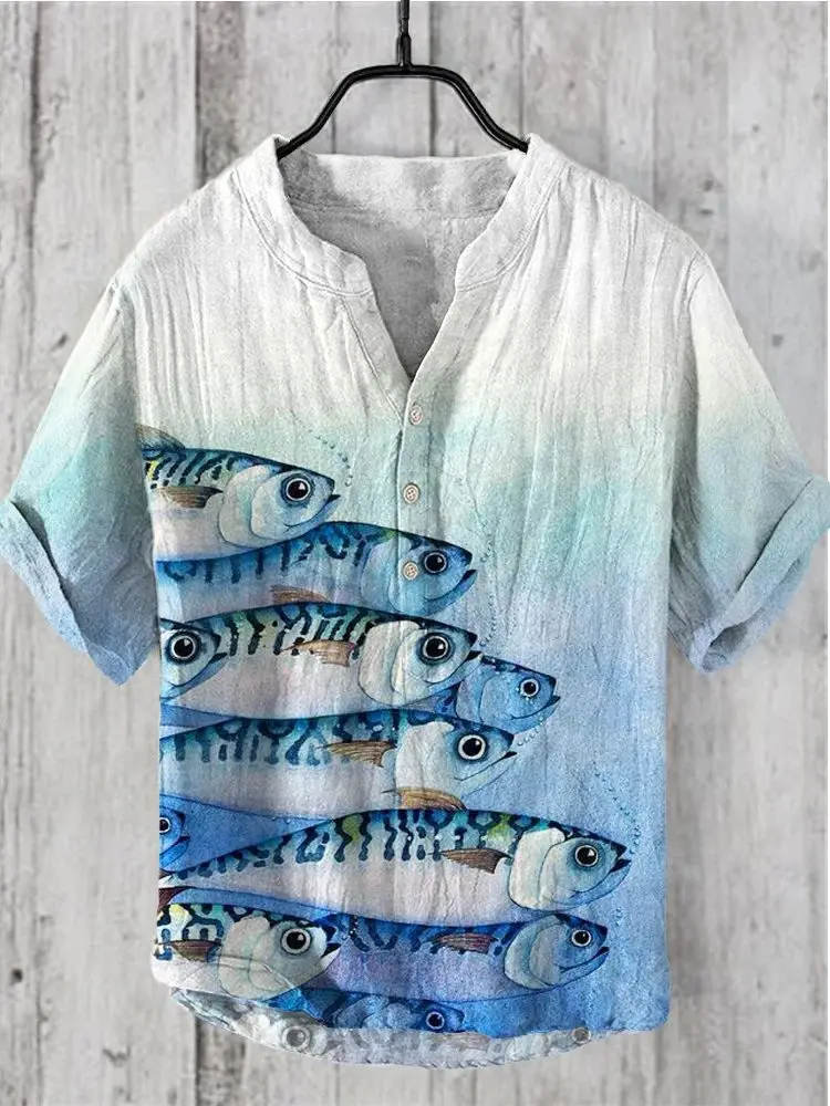 Camisa hawaiana estampada de la serie Ocean fish para comercio exterior, ropa de lino de articulación de bambú, cuello en V, manga corta, 3 botones, talla grande