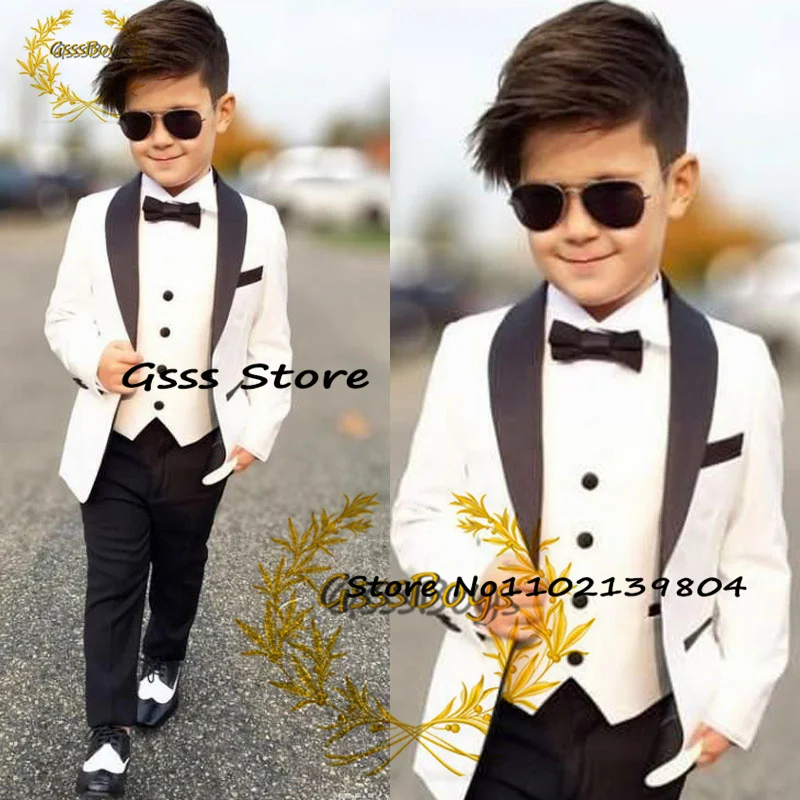 

Boy Suit 3 Piece Shawl Collar Blazer Pants Vest Formal Wedding Tuxedo White Jacket Kids Custom Suit