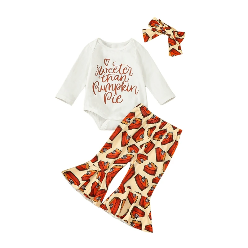 

Newborn Baby Girls Thanksgiving Clothes Letter Print Long Sleeve Rompers Pumpkin Pie Print Flare Pants Headband 3Pcs Set