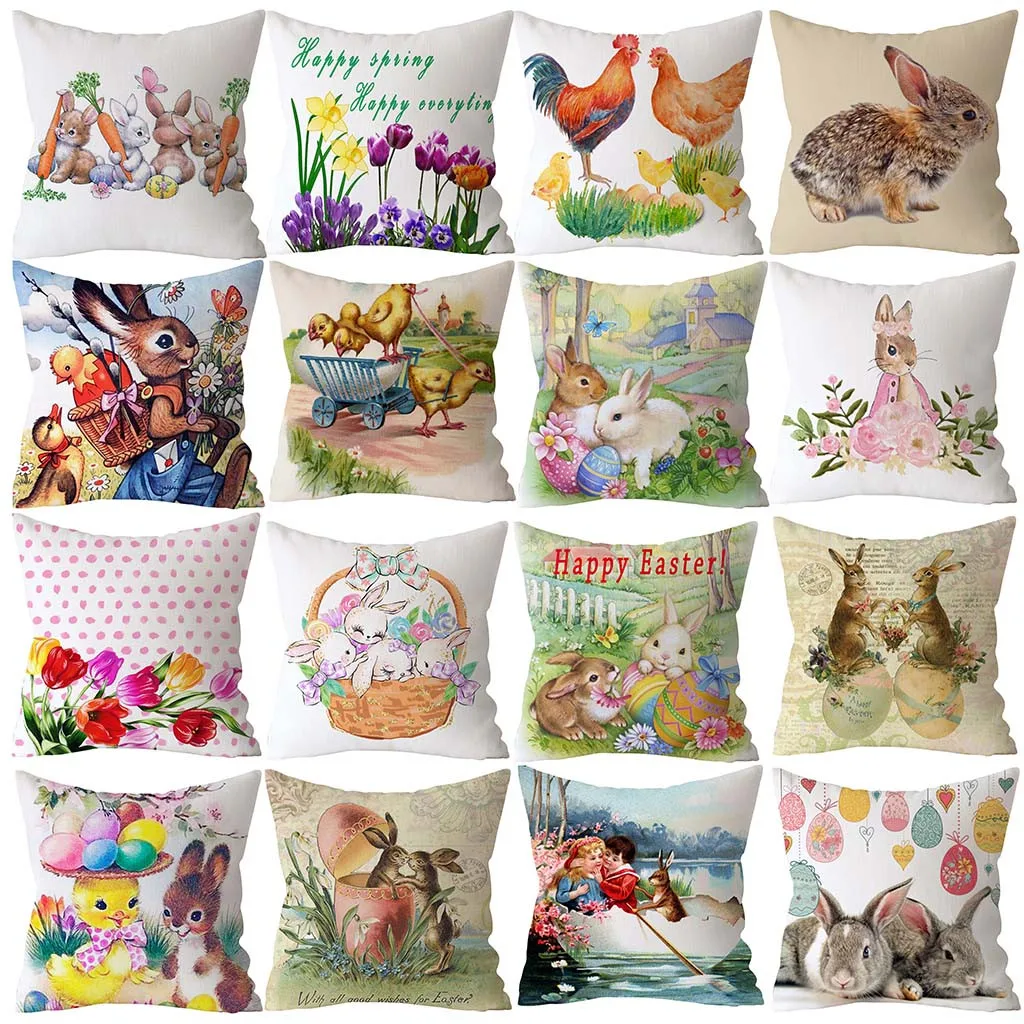 Spring Easter Home Decoration Cushion Cover Square Pillow Case Cartoon Rabbit  Egg Print