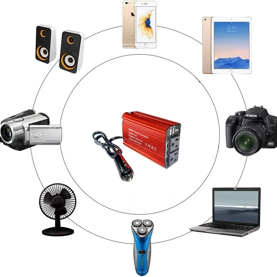 12V To 110V 300W Car Power Inverter US Socket Solar Inverter Dual USB Fast Charging Portable Converter for Phone Laptops Car