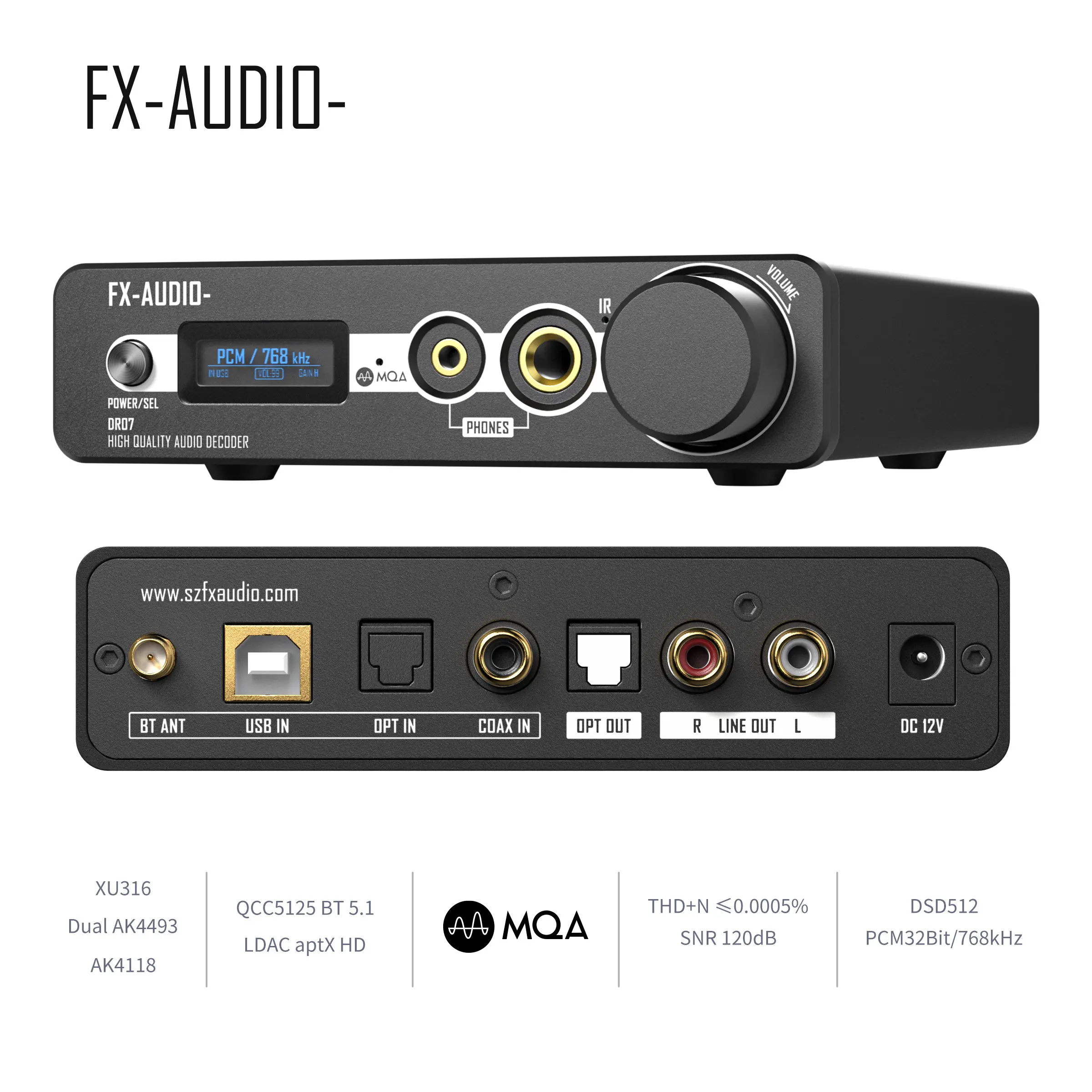 FX-AUDIO DR07 듀얼 AK4493 DAC 올인원 헤드폰 앰프 Bluetooth 5.1 DSD512 PCM 768kHz/32Bit DAC/AMP(리모컨 포함)