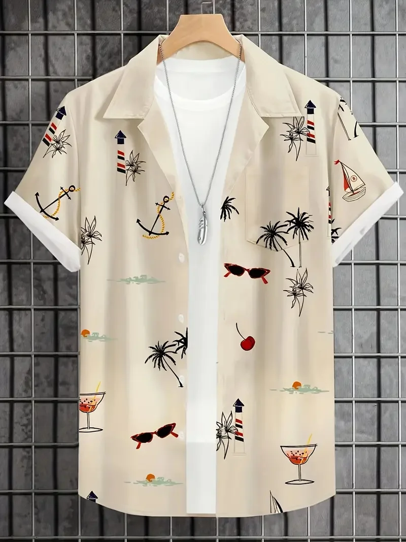 

Гавайская пляжная рубашка, мужская повседневная рубашка с короткими рукавами, быстросохнущая футболка для пляжного отдыха, свободный топ с пляжным узором