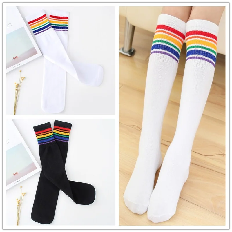 Girls Socks Kids Boys Football Stripes Cotton Sports School White Knee High Socks Skate Children Baby Long Tube Leg Warm