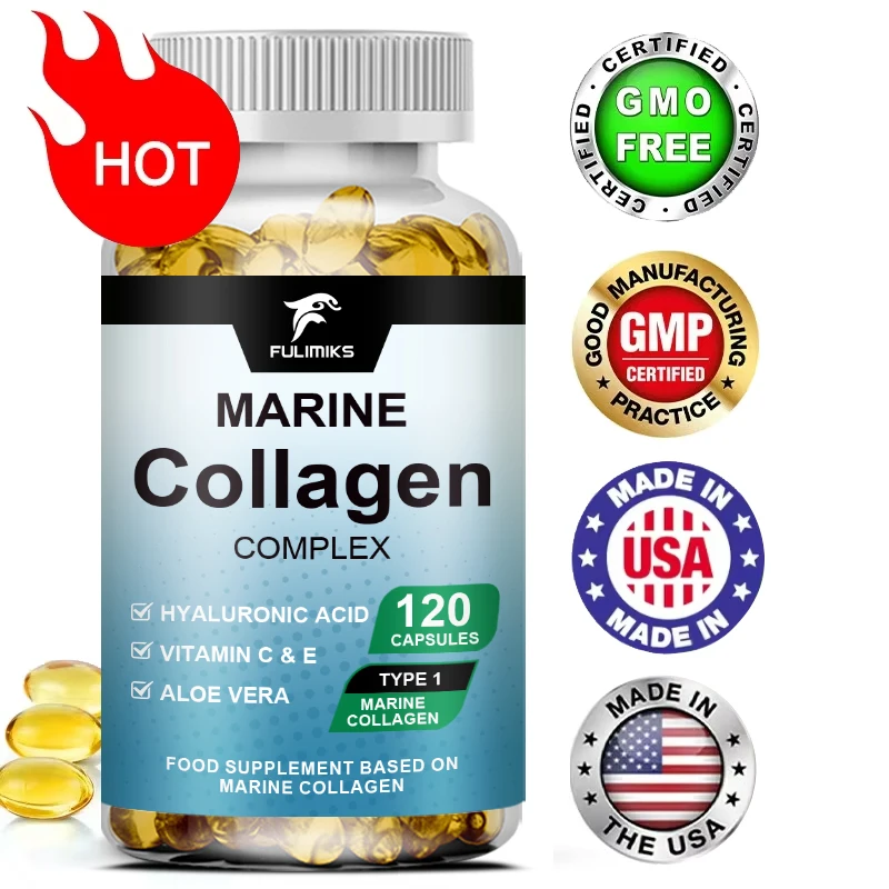 كبسولات مركبة الكولاجين البحري مع الكولاجين من النوع 1 و3 وحمض الهيالورونيك، مع الكولاجين المتحلل، ومكمل صحة البشرة