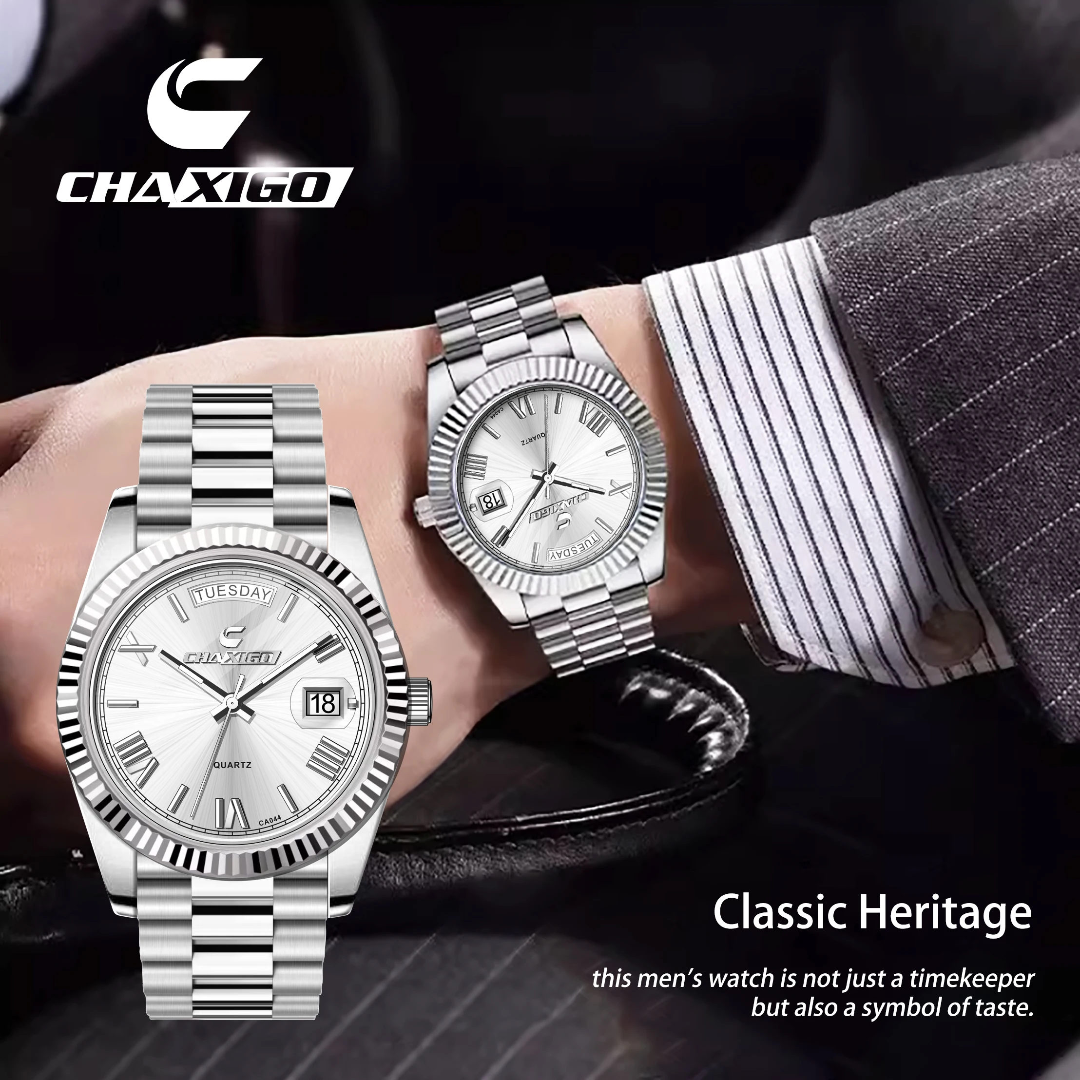 

CHAXIGO Men's Luxury Business Formal Watch with Stainless Steel Strap, 3ATM Water Resistance, and Luminous Mineral Glass