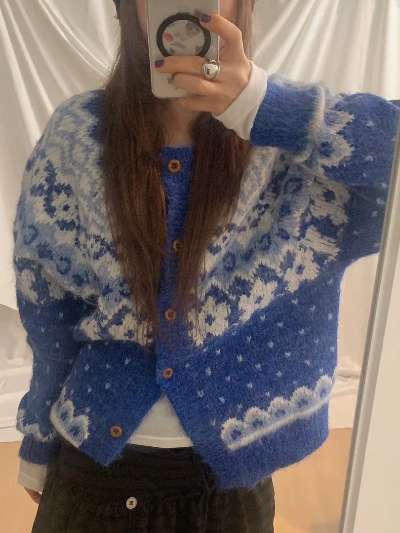 

Autumn Winter Women's Knitted Sweater Jaet Fair Isle Pattern Slimming Versatile Open Cardigan Top Faionable Casual Wear