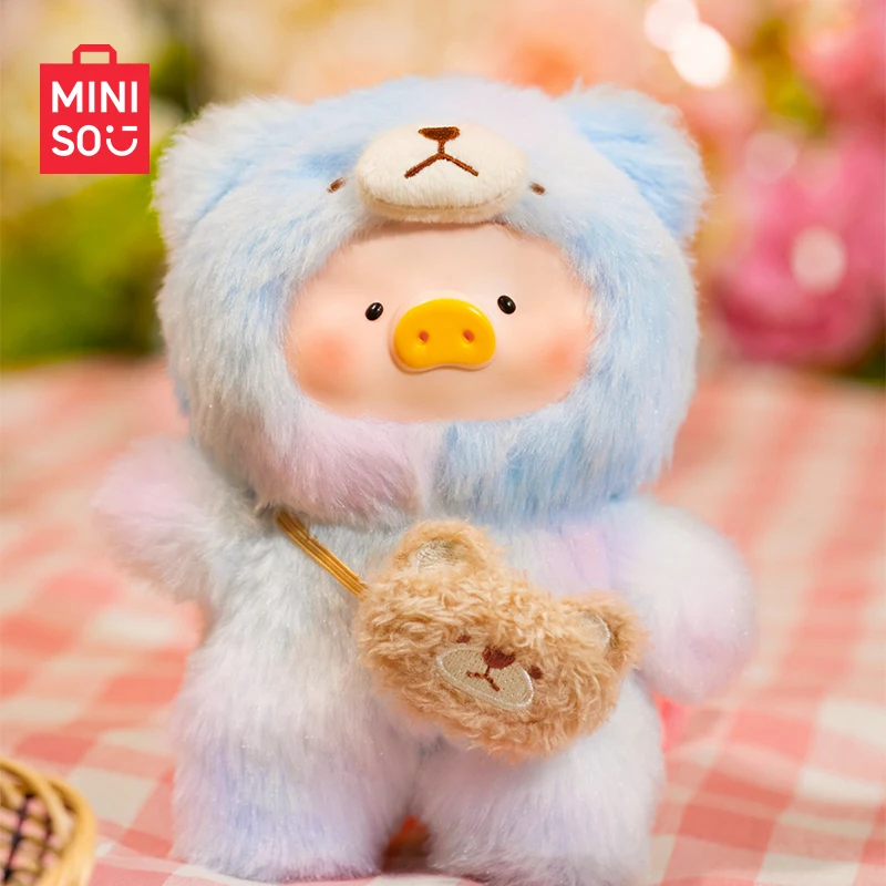 Portachiavi con scatola cieca in peluche di vinile originale Miniso Lulu Pig Joyful Time Series Interessante mini bambola d'azione per portachiavi e regali