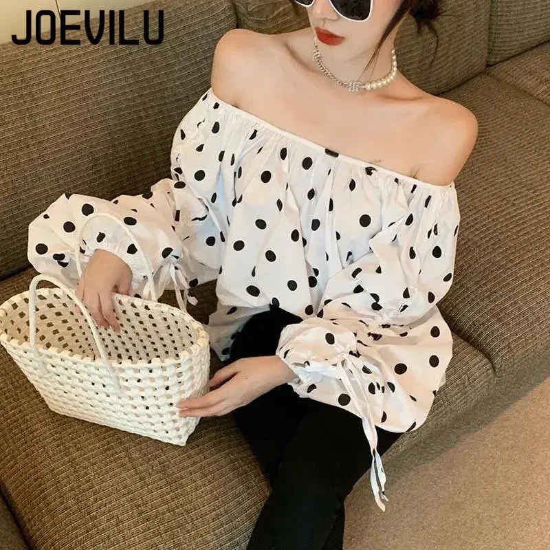 JOEVILU Polka Dot Shirt Off Shoulder Bubble Sleeve Tops Women\'s White Loose Simple Top French Casual Blouse In Spring and Summer