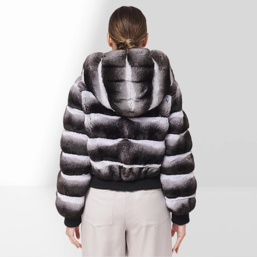 Echte Rex Kaninchen Pelz Jacke Mit Kapuze Winter Bomber Jacke Frauen Chinchilla Farbige Outwear Mode Kurzen Natürlichen Pelzmantel