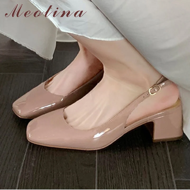 Meotina Women Slingbacks Pumps Square Toe Block Mid Heels Buckle Shallow Ladies Fashion Career Shoes Summer Silver Pink White 40