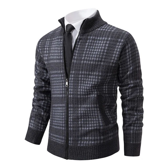Męskie swetry kurtka pełny zamek błyskawiczny sweter polarowy sweter Plaid stójka swetry płaszcz jesienno-zimowa odzież Homme