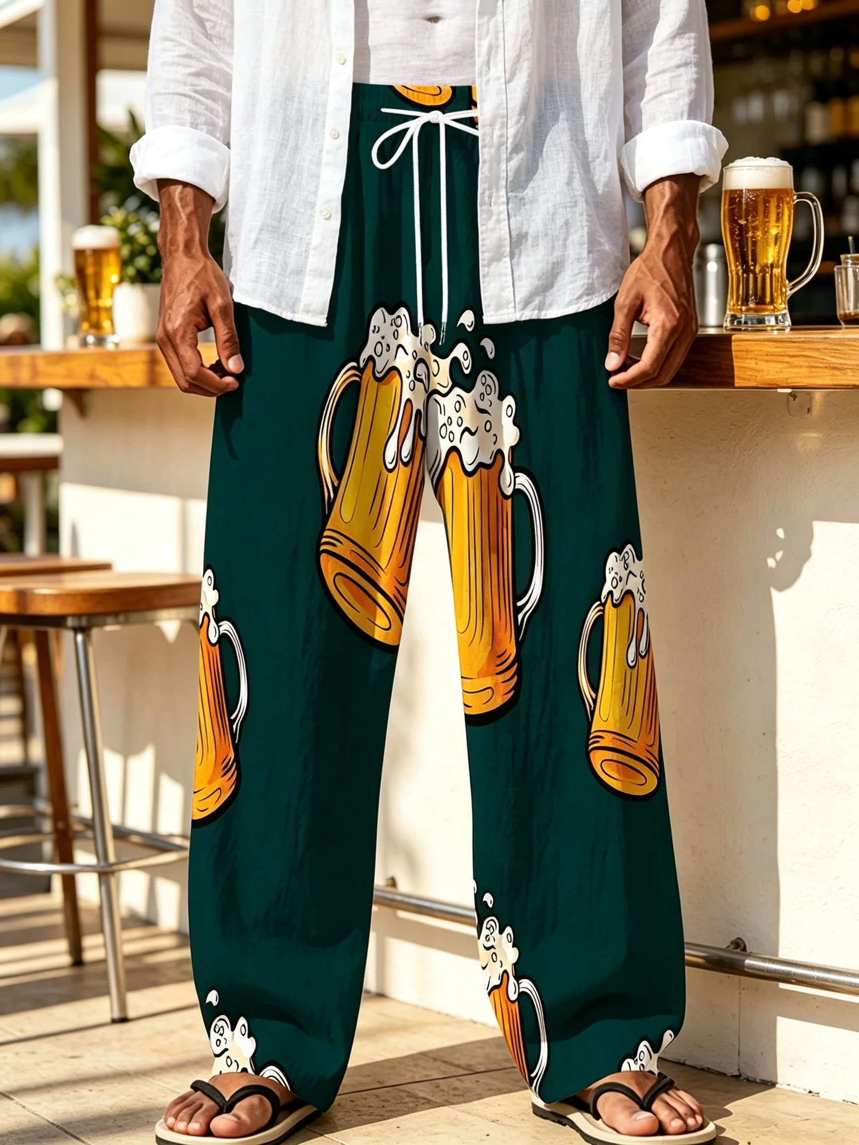 Men's All‑over Beer Mug Print Loose Casual Pants Summer Drawstring Waist Wide Leg Trousers Beach Vacation Holiday Lounge Pants