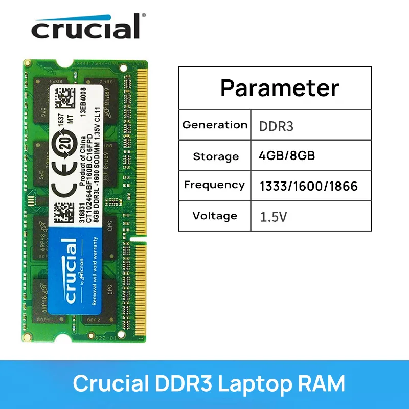 Crucial Laptop Memory DDR3/DDR3L 1.5V/1.35V 1333/1600MT/s MHz 4GB 8GB RAM 204pin SO-DIMM Memory Stick for Laptop Notebook