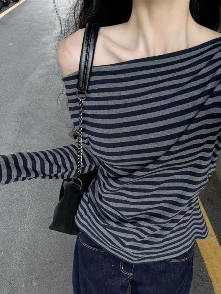 

Korean Style Lazy Striped T-shirt for Women Subcultural Casual Tops Y2k Fashion Trend All-match Slim Fit Tee Shirt Ropa De Mujer