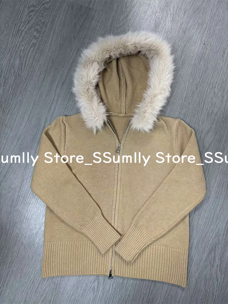 Vintage Hooded Faux Fur Collar Sweater Coat Women 2024 Autumn Winter Lazy Double Zippers Knit Cardigan Solid Casual Short Tops