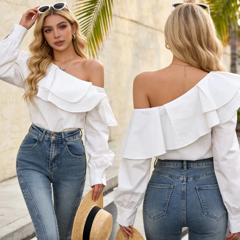 

Шикарная корейская женская блузка с длинным рукавом, белая, с рюшами, рукавами-фонариками, открытыми плечами, сексуальная, элегантная, хлопковая одежда