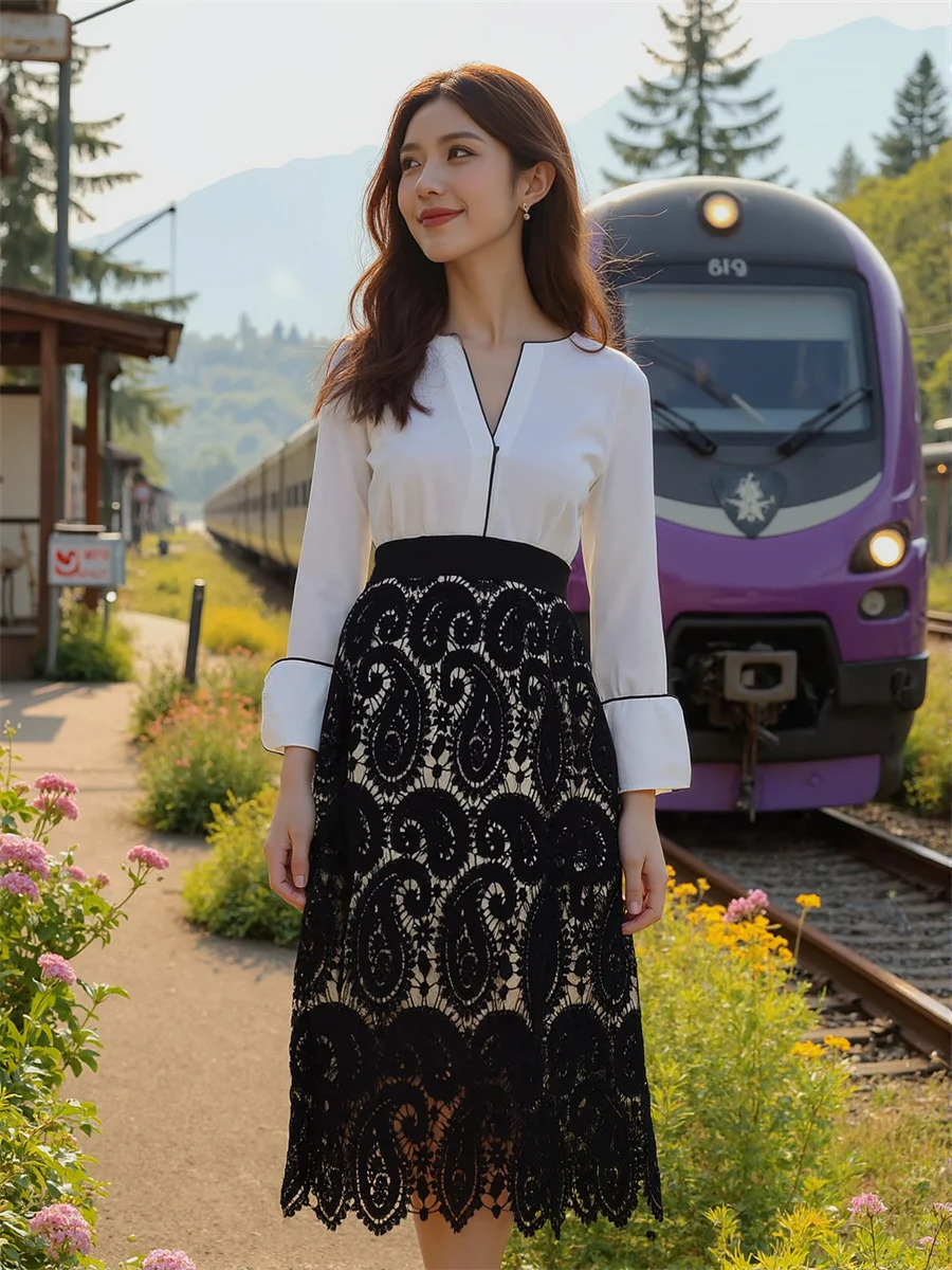 Midi dentelle Vintage jupes femmes épissage gâteau Patchwork couches plissées à plusieurs niveaux romantique élégant Feminina artistique doux polyvalent