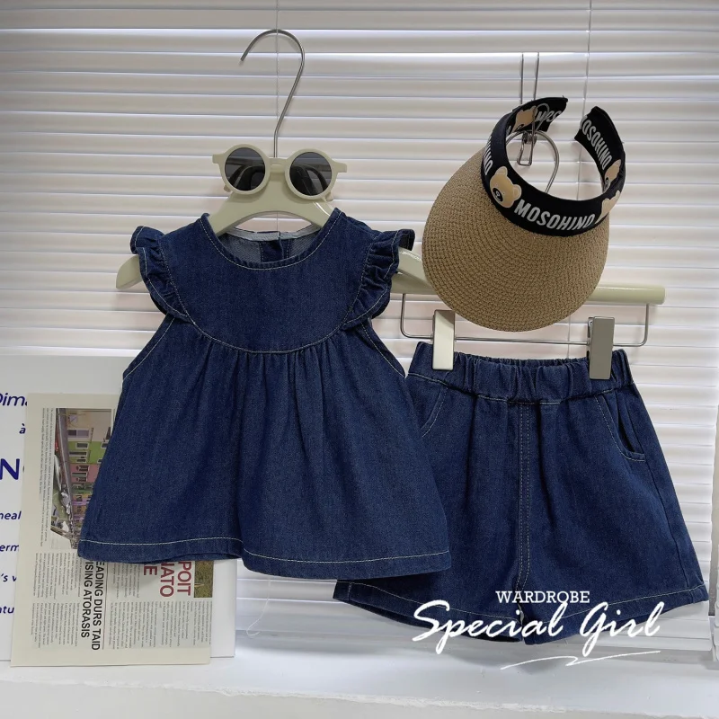

Girls' Summer Outfit Casual Fashion Ruffled Denim Vest Top and Denim Shorts Two-Piece Set