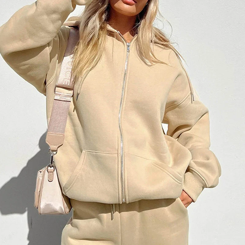 Women Casual Fleece 2pcs Sportswear Suit Autumn Zipper Hooded Coat With Jogging Pants Tracksuits Winter Solid Warm Loose Outfits