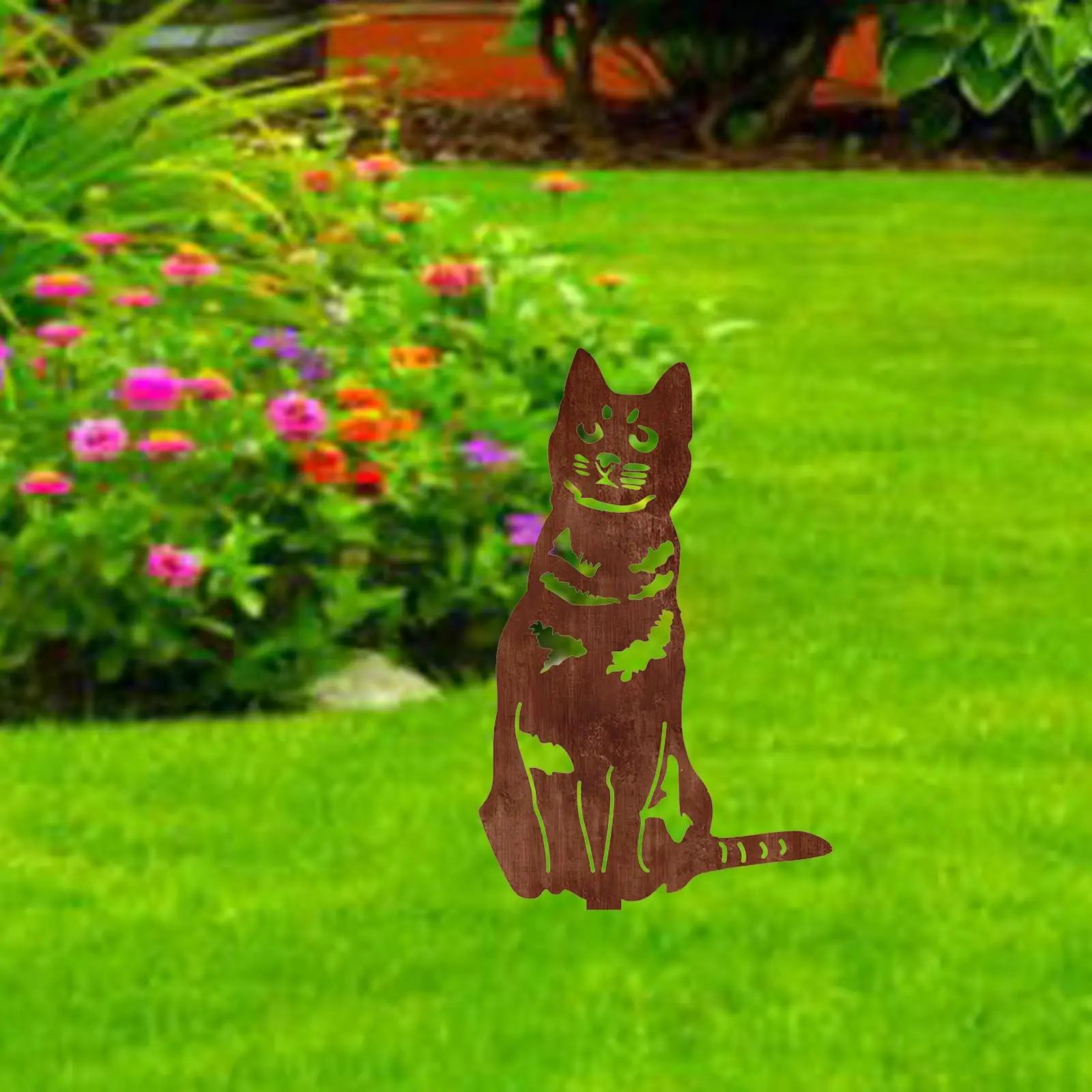 Estatua de gato con estaca para patio, decoración de patio de hierro, letrero para patio al aire libre