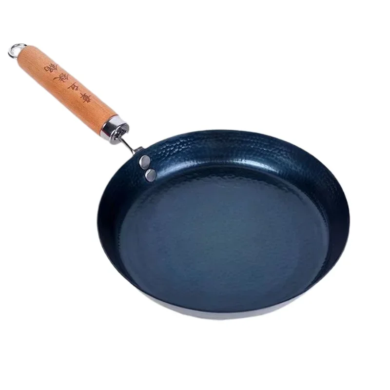 Hammered Iron Skillet 24/26/28/30cm Blue Iron Pans with Detachable Wooden Handle No Nonstick Coating Frying Omelette Frying Pan