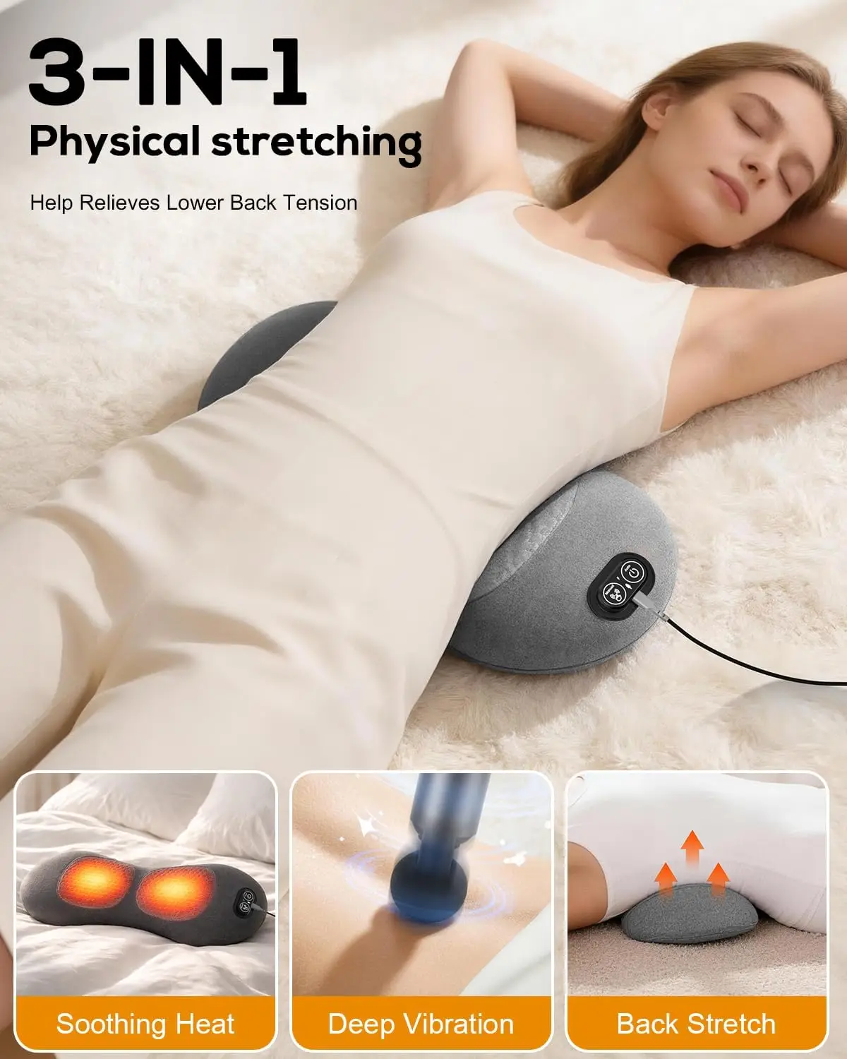3in1 Back Massager, Triple Fusion Back Massager with Heat, Vibration and Stretch,Lumbar Support Pillow with Memory Foam for Bed