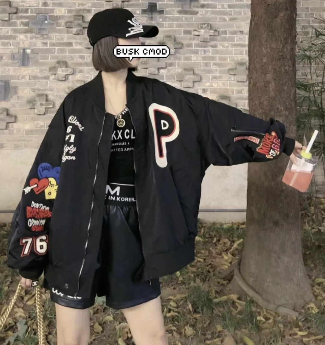 Mode 2025, neue frühling frauen zip strickjacken mantel stehkragen abzeichen stickerei baseball jacke streetwear lose frauen graben mantel