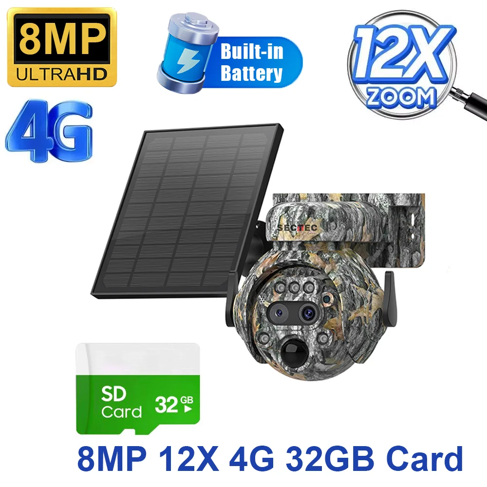 SECTEC 12X ZOOM 4K 8MP Solar Camera Dual lens 4G 360° View Camouflage Color Outdoor Hunting Camera 7800mAh Battery Ubox app image 3