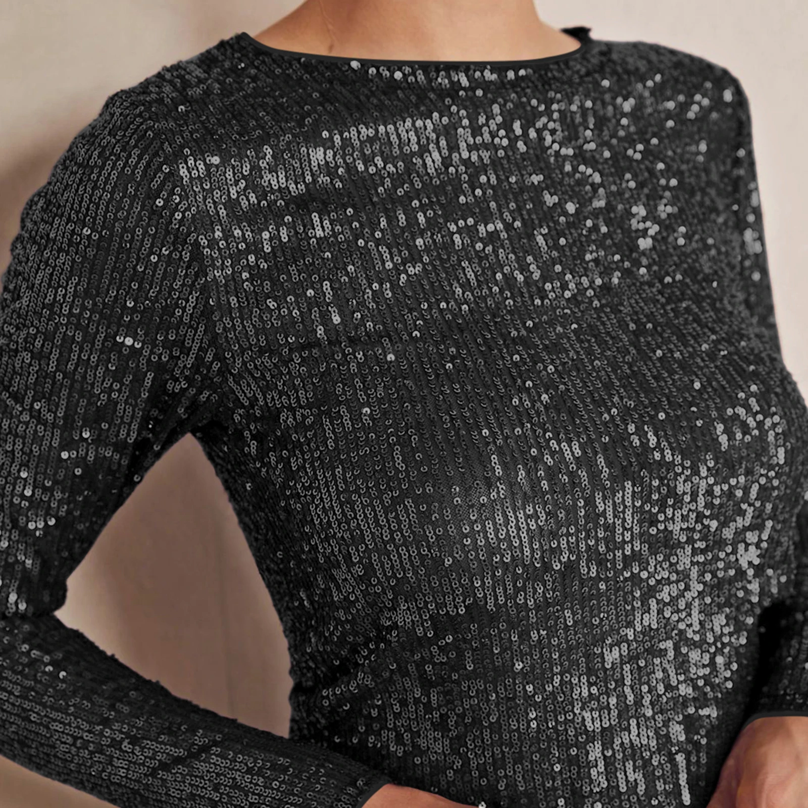 2024 Fashion Women Sequin Top Long Sleeve Round Neck Slim Fit Glitter Shirt Semi Sheer Sparkly Party Tops Tee Blouse Clubwear