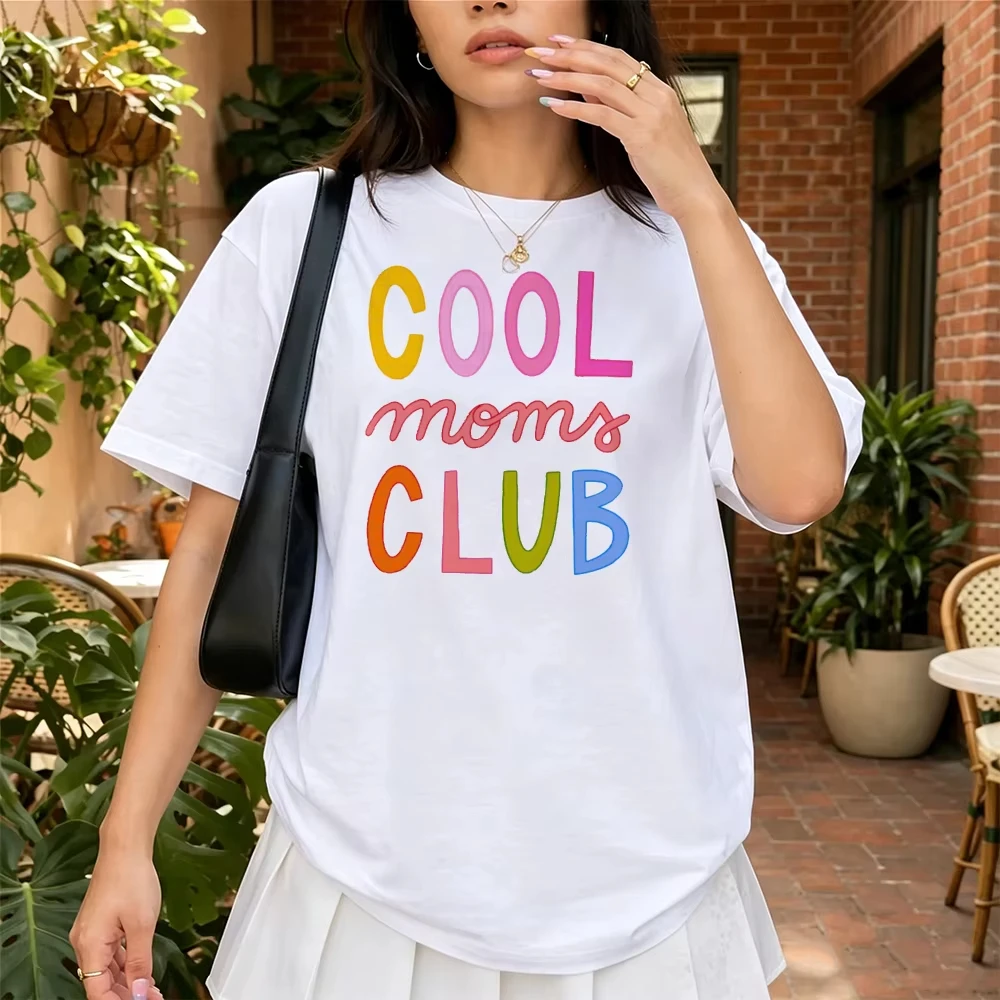 Cool Moms Club Rainbow Letter Unisex Print Oversized Short Sleeve Cotton Tee Mama Life Loose Fit Casual Comfortable Daily Wear