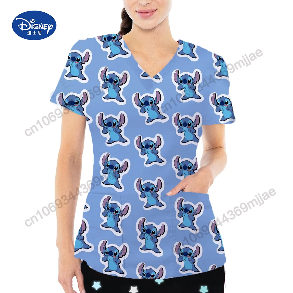 Summer Casual Women's T-shirts Two-Pocket Design Cartoon Pattern Female Clothes Free Shipping V-neck Short Sleeves Top for Women image 6